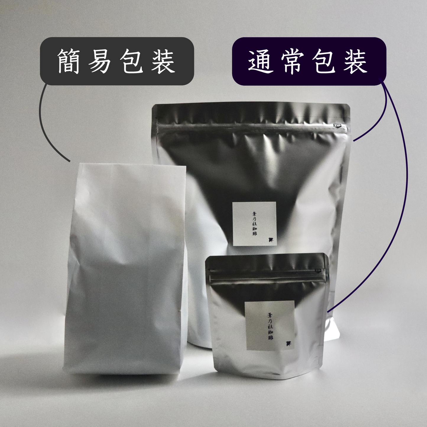 3種類の袋が並んでいる写真。100g袋詰めされた通常包装チャック付き袋、通常包装チャック付き袋、簡易包装の袋があります。